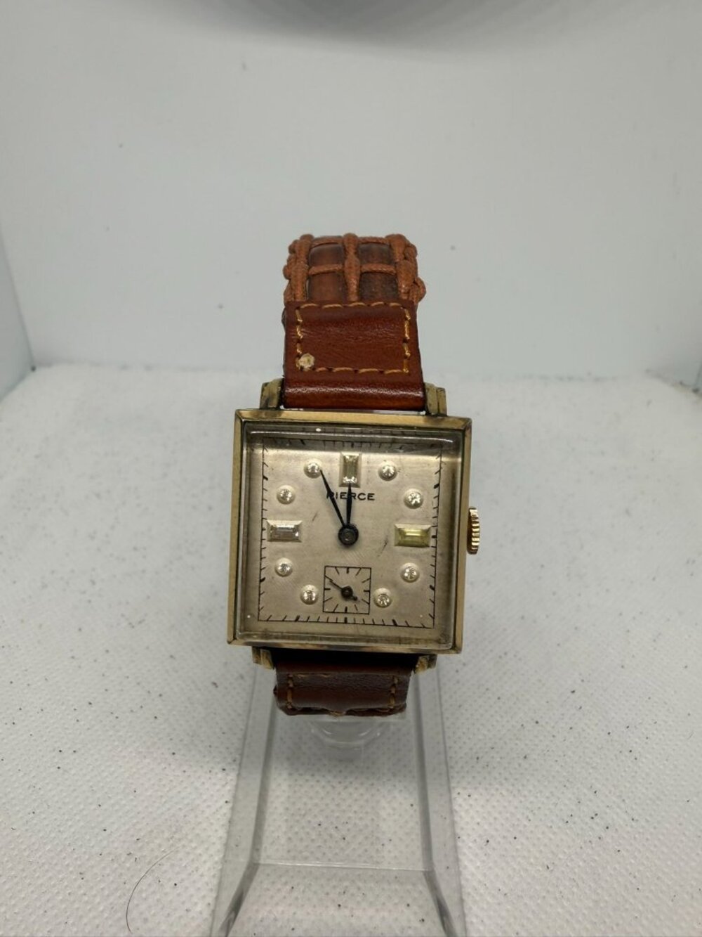 Vintage Pierce Art Deco Square Gold Watch Diamond Markers Manual Wind Dress